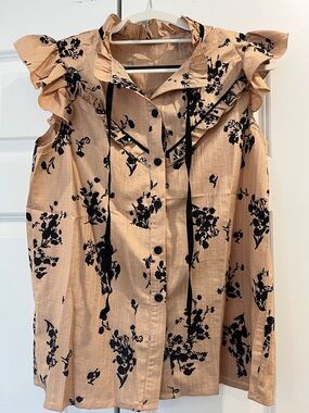 Sleeveless Ruffle Collar Floral Blouse Tan/Black